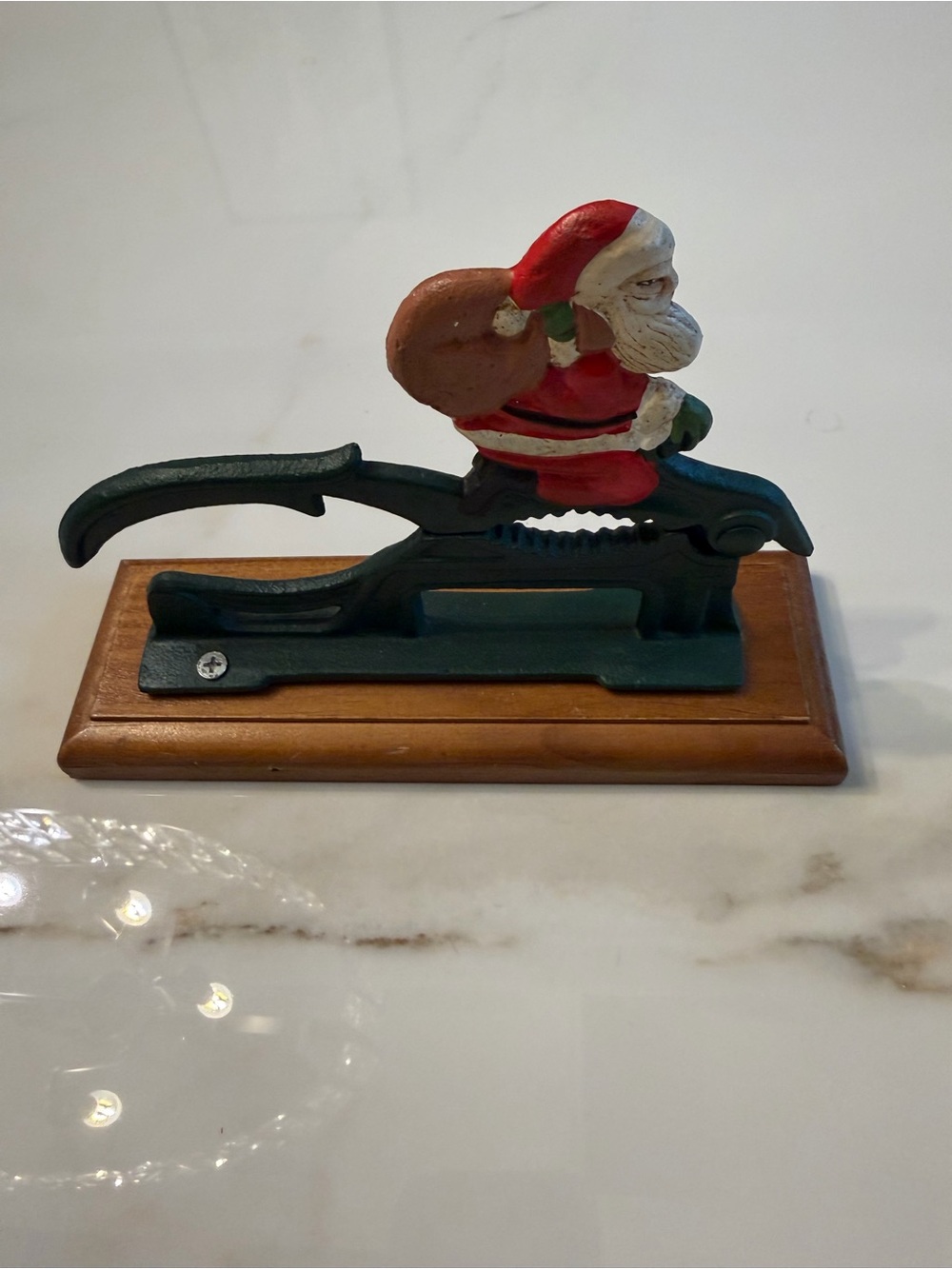 Vintage Santa Nutcracker Lever with Wood Base - Red, Green, Brown